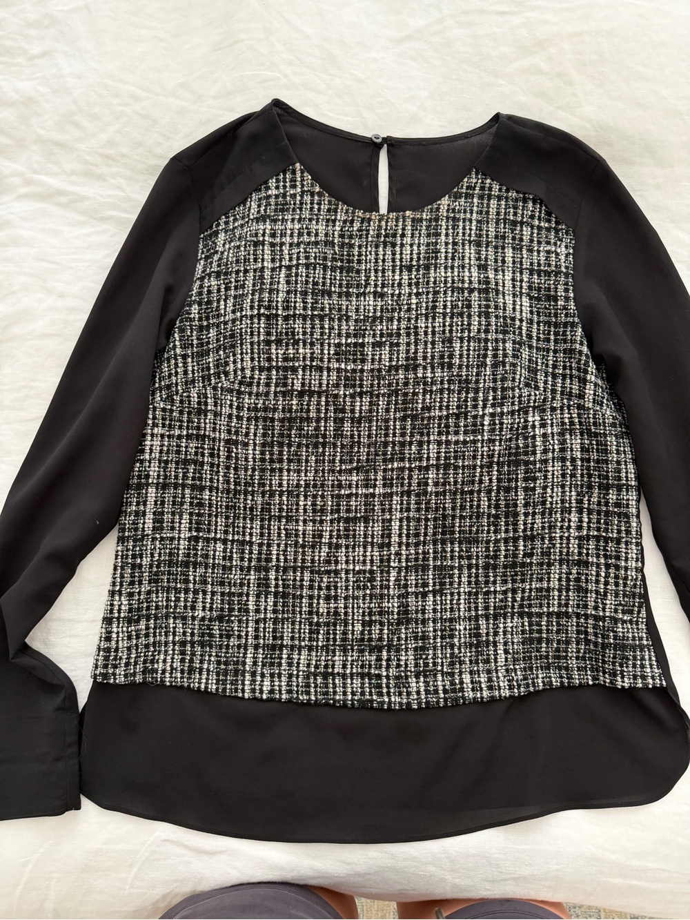 Ann Taylor Black Tweed Front Long-Sleeve Women's Top